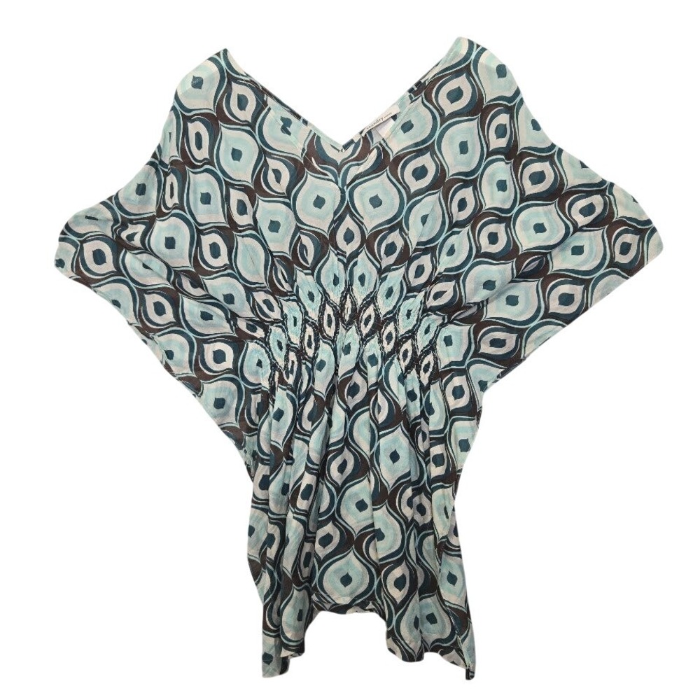 Vintage Y2K Laundry Tunic Top Womens Med Blue Geometric Silk Cotton Sheer Retro